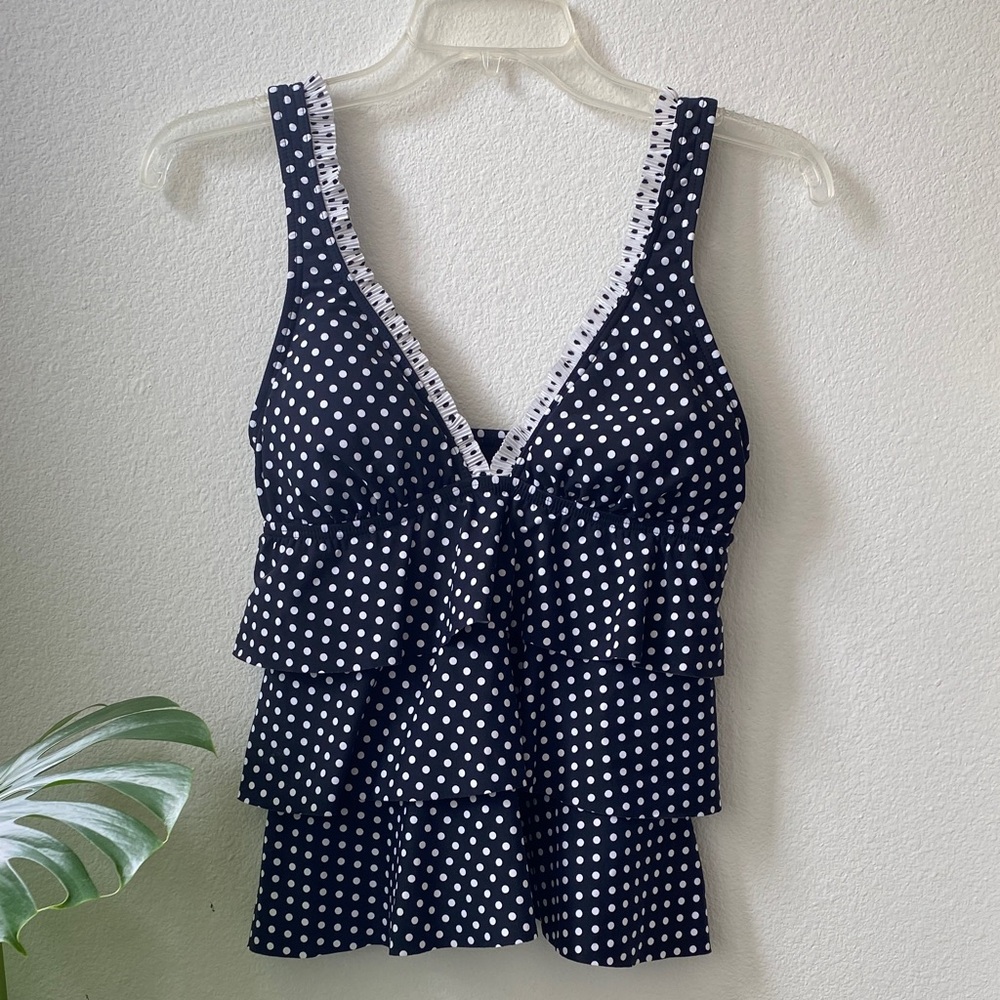 Kenneth Cole Black and White Polka Dot Ruffled SWIM Tankini Top
